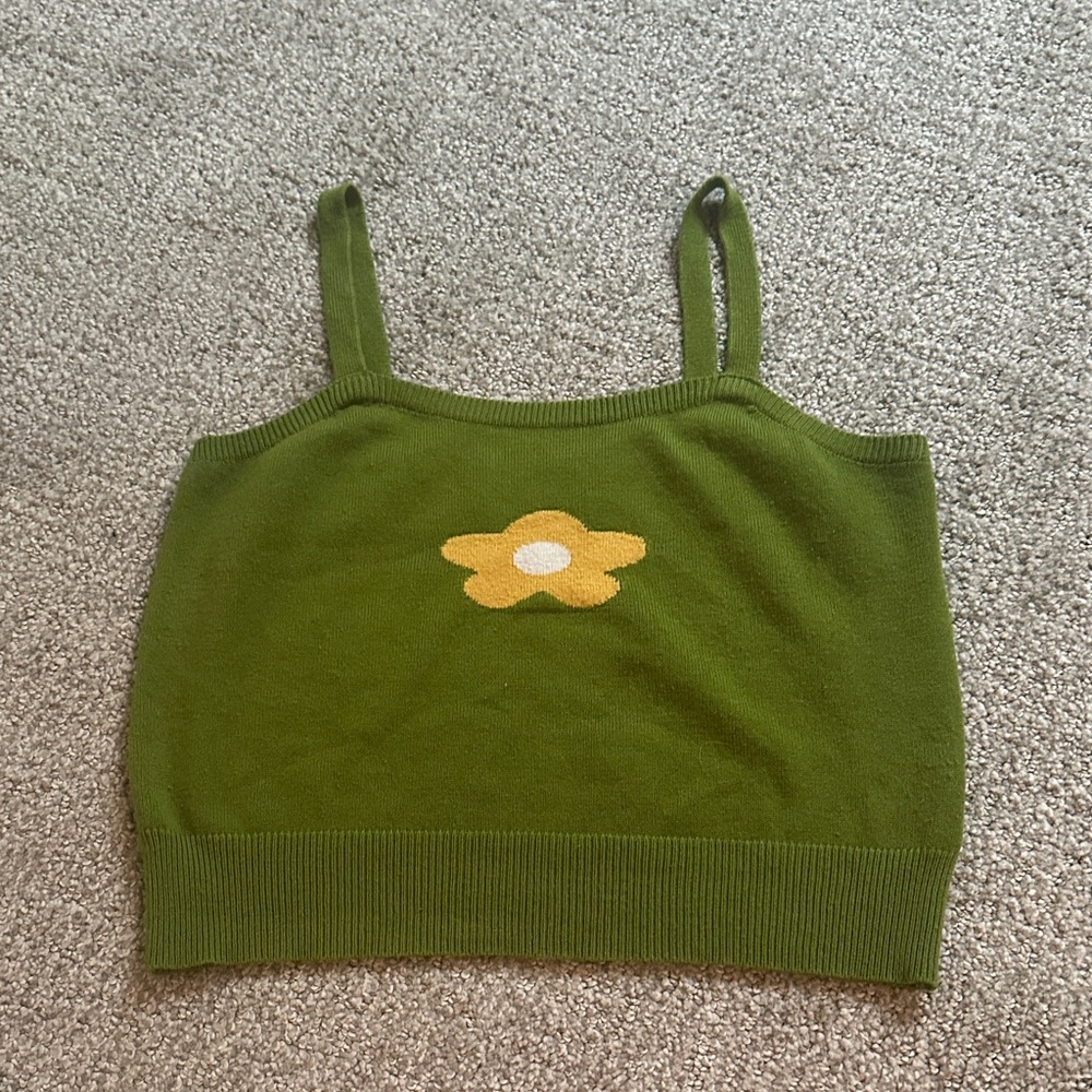 Green Knit Tank Top with Yellow Flower